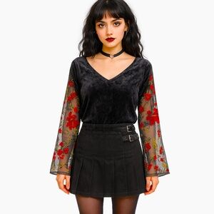 Whimsigoth Top Women's 3X Y2K Dark Fairy Grunge Festival Velvet Floral Vamp 90s